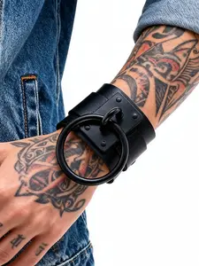 Double Layer Leather Bracelet, Fashionable Bracelet, Punk Style Metal Large Ring Wide Band, Dark Personality Jewelry, Gothic Jewelry, Unisex Versatile Wristband, Sweet Cool Decor, Stackable Bracelets