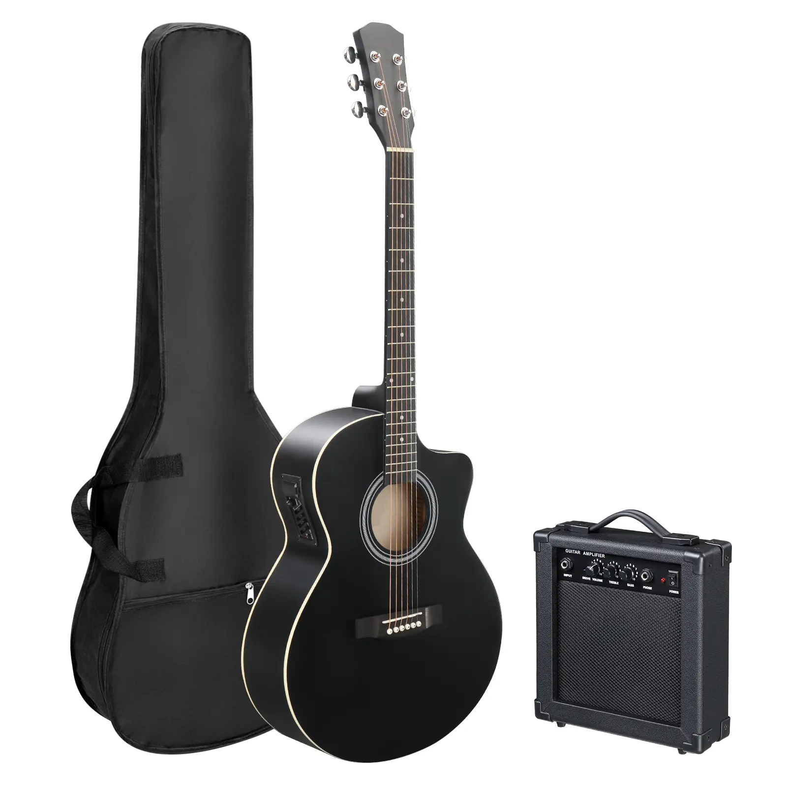Acoustic Guitar Full Set - 41in KMA102 Cutaway Jumbo Basswood Panel Folk Instrument with Matte Edging, Black Metal Accents, Preamp EQ, 15W Amplifier, Bag, Tuner, Wrench, Shoulder Strap for Beginner Level Music Learning, 41 Inch