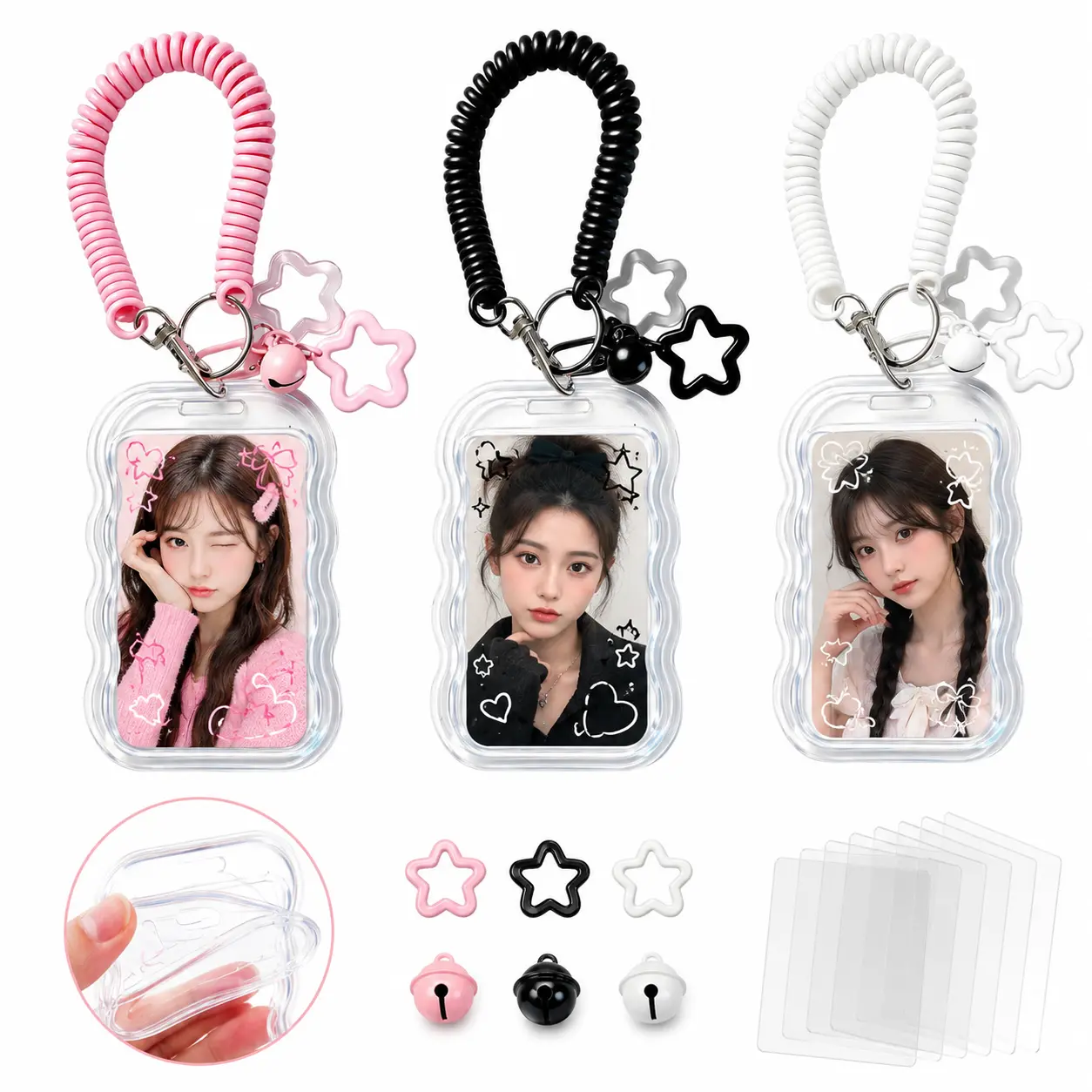 3-Pack Transparent PC Photocard Holder Keychain - Star Wave Design, Alloy Durability, Id Card Holder for Kpop Fans, Bus Cards (Black, White, Pink)