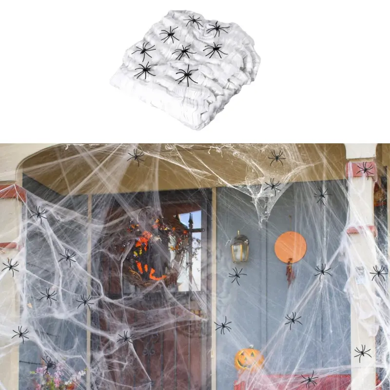 【Back to School】Hot Stretch Spider Web Set with Fake Spiders, Indoor-Outdoor Halloween Party Decoration, Haunted House Prop-MM1, Cotton 80G + 20 Spiders