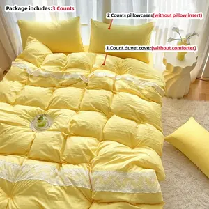 3pcs lace solid color yellow bedding, Comfy bedding sets, includes duvet cover and pillowcase (excluding core), fabric is soft, breathable, duvet cover has zipper for easy disassembly and washing, suitable for all seasons Soft Bedding Sets
