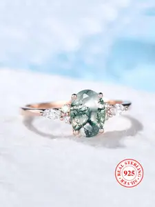 925 Sterling Silver Oval Shaped Artificial Gemstone Decorated Ring, Fashion Matching Engagement Accessories for Women & Men, Trendy All-match & Exquisite Jewelry for Birthday Gift