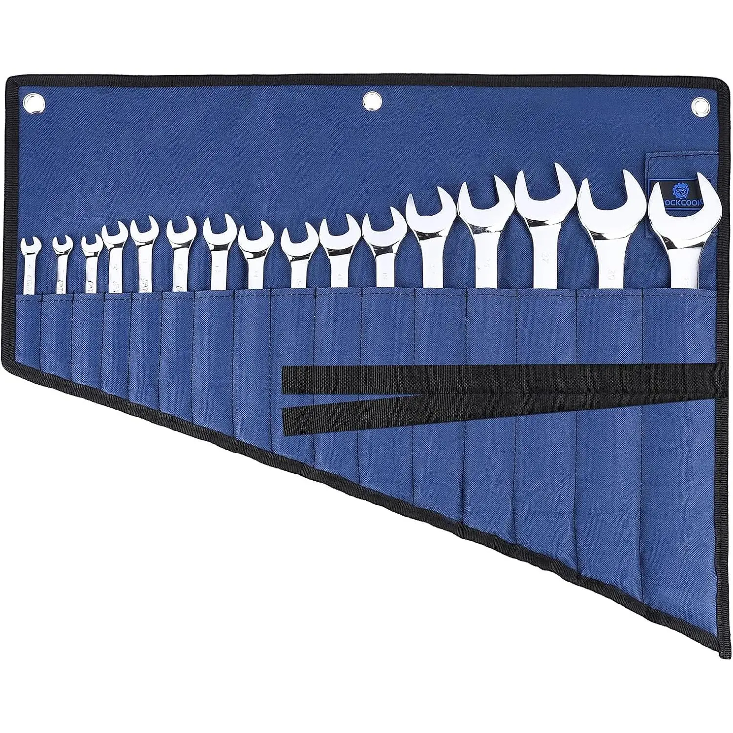 16-Specially Designed Pockets Waterproof Wrench Roll Organizer, Compact Lightweight 600D Oxford Cloth Rolled Tool Pouch Bag with 3 Hanging Rings, Portable Blue Metric for Indoor and Outdoor Use