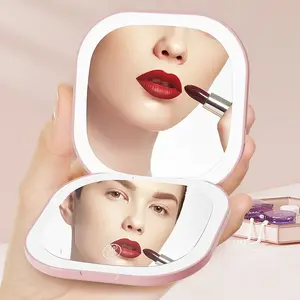 High-Definition Mirror Magnification Patch Mirror Three Level Dimming Portable Flip Cover Circular Folding LED Makeup Mirror With One Side Enlarged 3X Beauty Mini USB Light Emitting Charging Small Mirror
