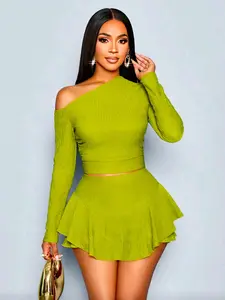 Elegant European Style Textured Long Sleeve Asymmetrical Shoulder Short Top & Skirt Set B0037, Spring Summer Fall, Slim-Fitting Two-Piece Outfit Womenswear Clothes