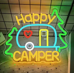 Happy Camper LED Neon Sign for Bedroom Decor, Camping Trailer Wall Light, Cute RV Night Light, Kids Room Decor, Gift for Campers