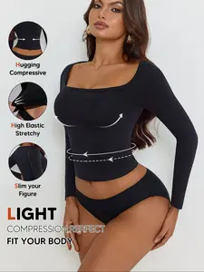 Women's Seamless Long Sleeve Bodysuit, Shapewear Deep Scoop Neck Tummy Control Shaper Top, Strong Butt Lift, No Pads Base Layer