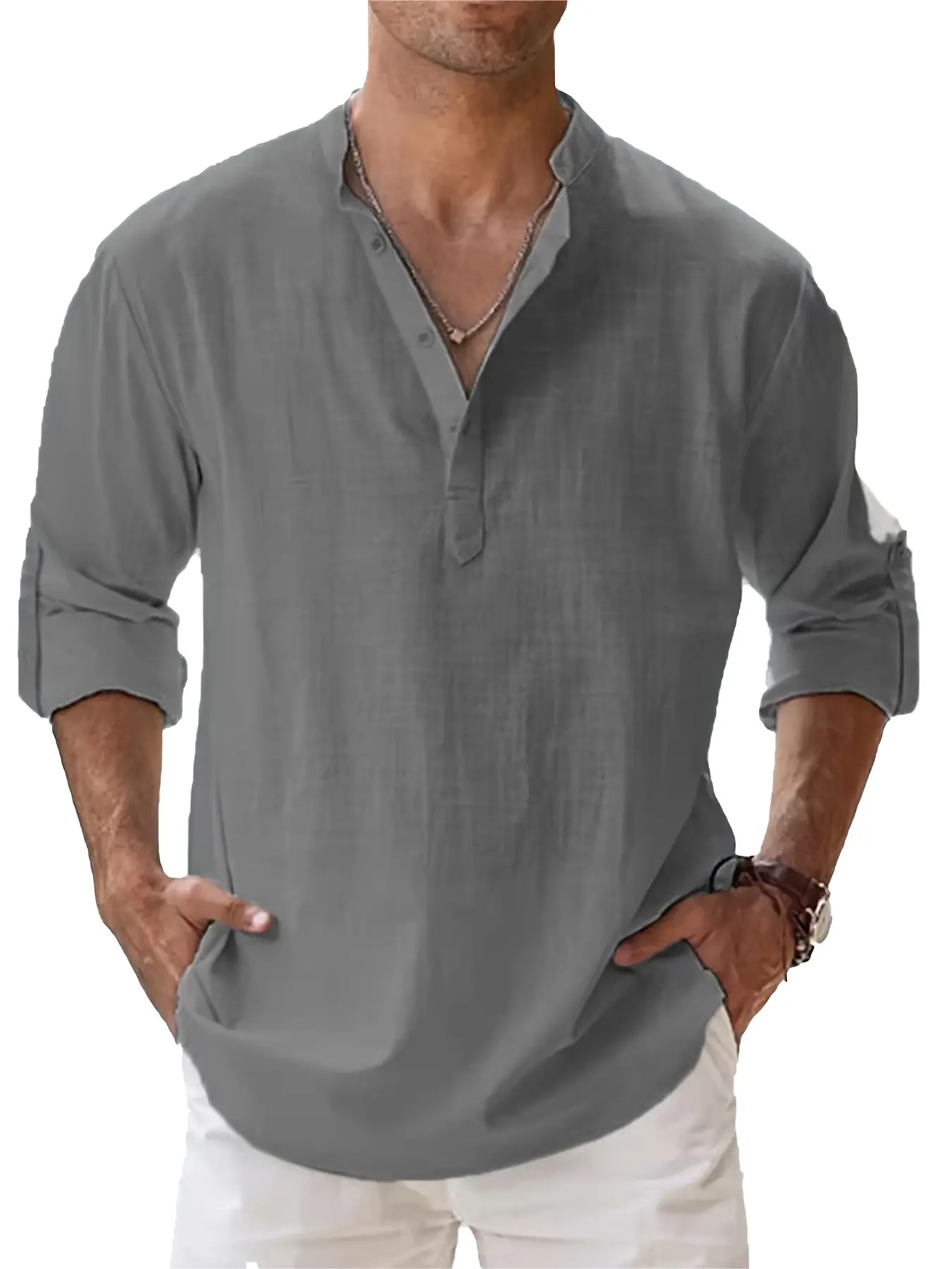 Men's long-sleeved casual collared shirt, summer solid color stand-up collar beach style men's top, Menswear
