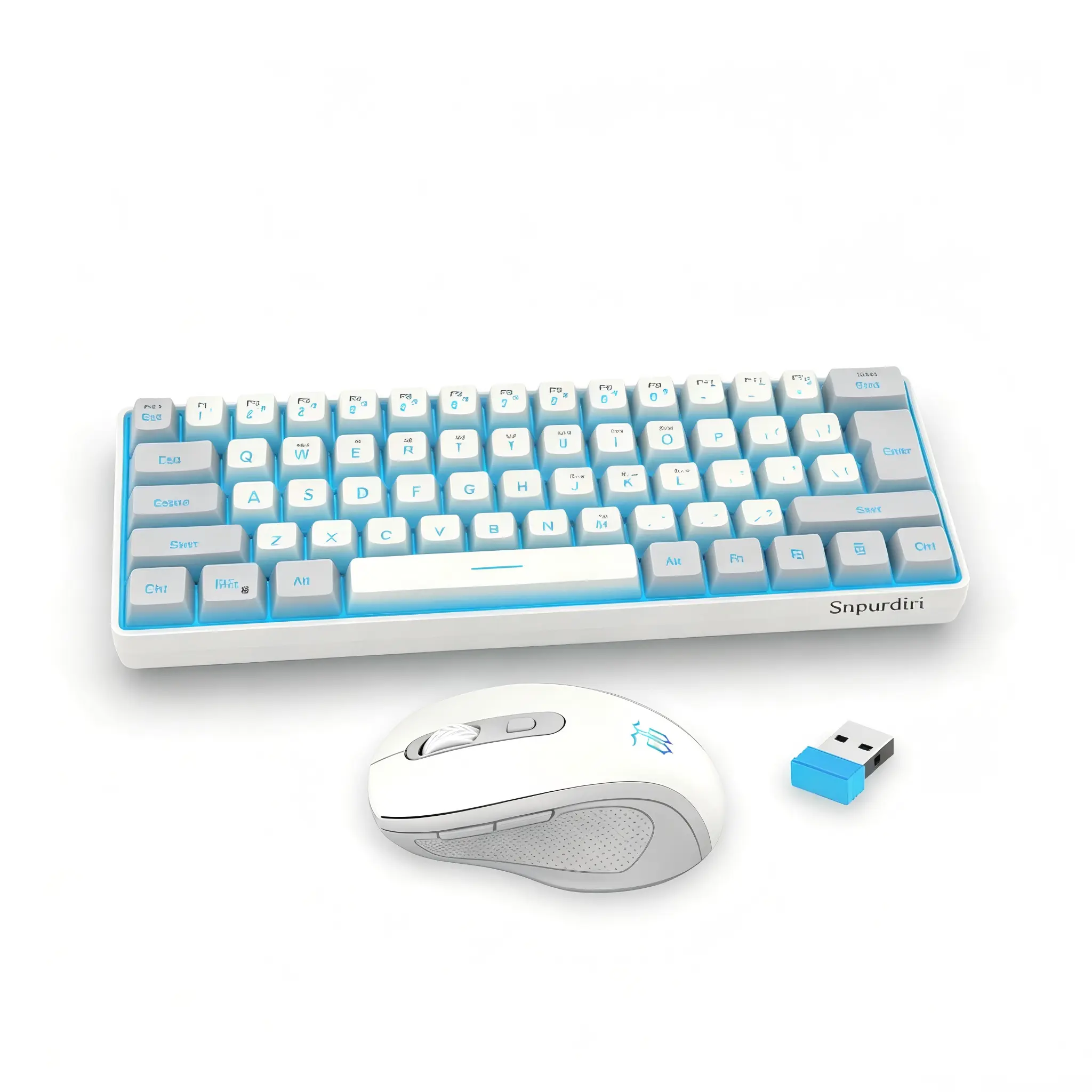 2.4G Wireless Keyboard & Mouse Combo, 60% Compact Mini RGB Backlit Membrane Keyboard with Simulated Mechanical Tactile Feel, Ergonomic Lightweight Gaming Mouse, Grey White Portable Peripheral Kit for PC and Laptop