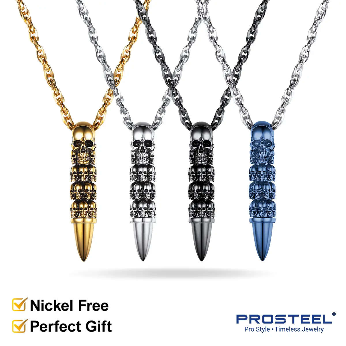 PROSTEEL Skull Bullet Pendant Necklace Stainless Steel Gothic Punk Statement Necklaces Jewelry Unisex For Women Lovers Men Gift Box