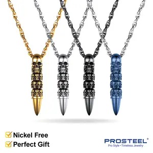 PROSTEEL Skull Bullet Pendant Necklace Stainless Steel Gothic Punk Statement Necklaces Jewelry Unisex For Women Lovers Men Gift Box