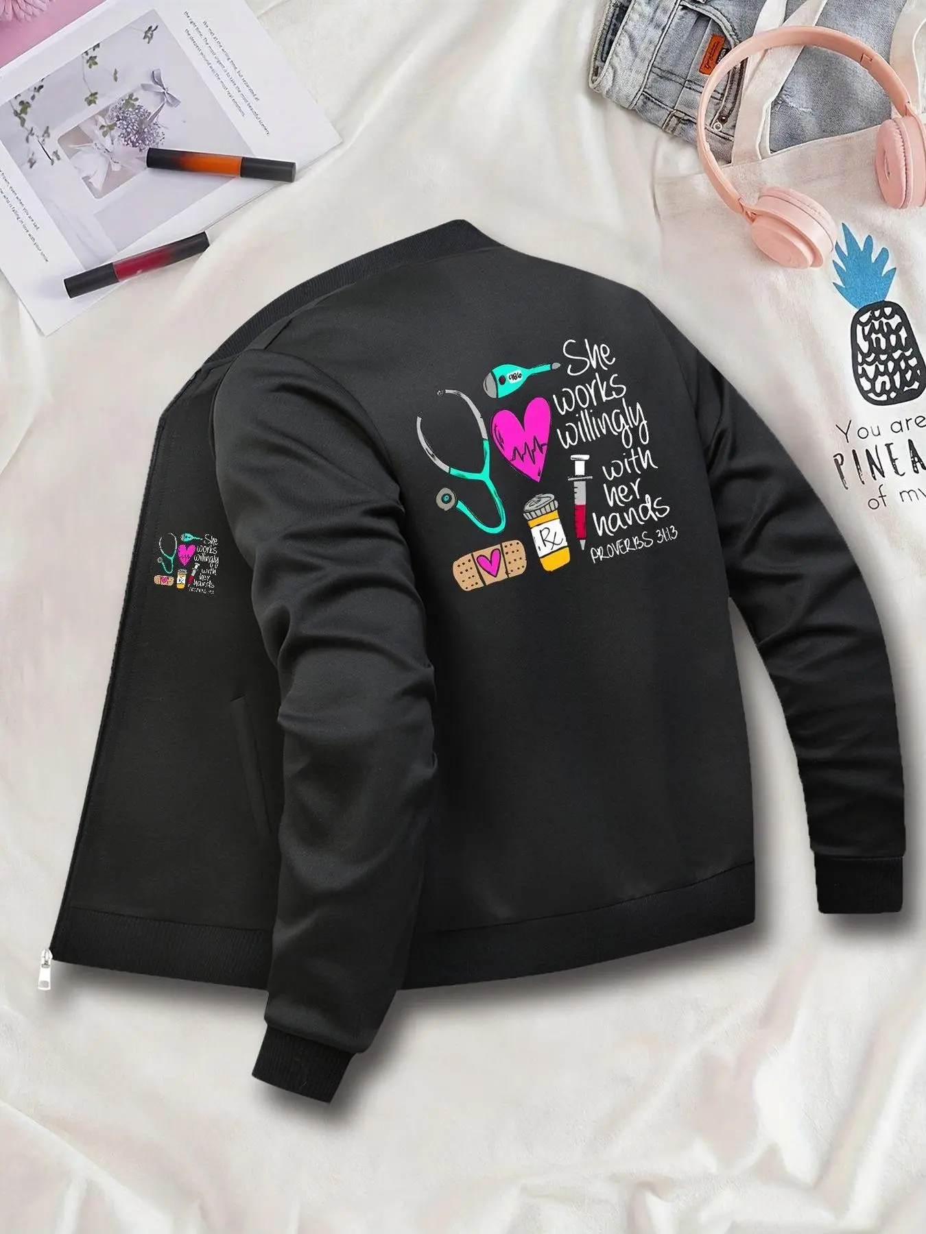 Women's Casual Zipper Knitting Jacket Coats, Long Sleeve, She Works Willingly Print, Fitted Style, All Seasons Wear, Fashionable Ladies Outerwear