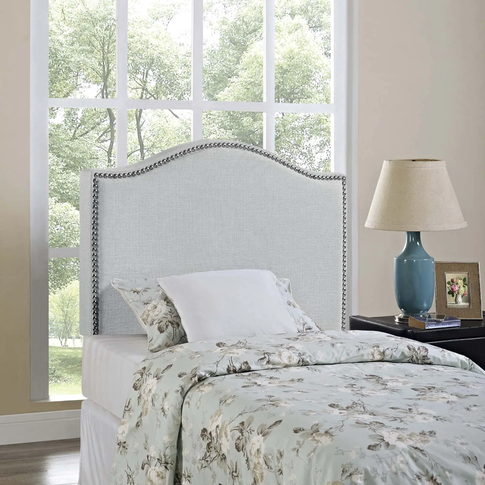 Modway Curl Twin Nailhead Fabric Upholstered Headboard, Sky Gray Indoor Furniture Bed Frame Accessory