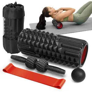 5 in 1 Foam Roller Set - Foam Roller for Legs, Muscle Roller Stick, Massage Ball, Resistance Band for Physical Therapy & Deep Tissue Muscle Massage (Black)