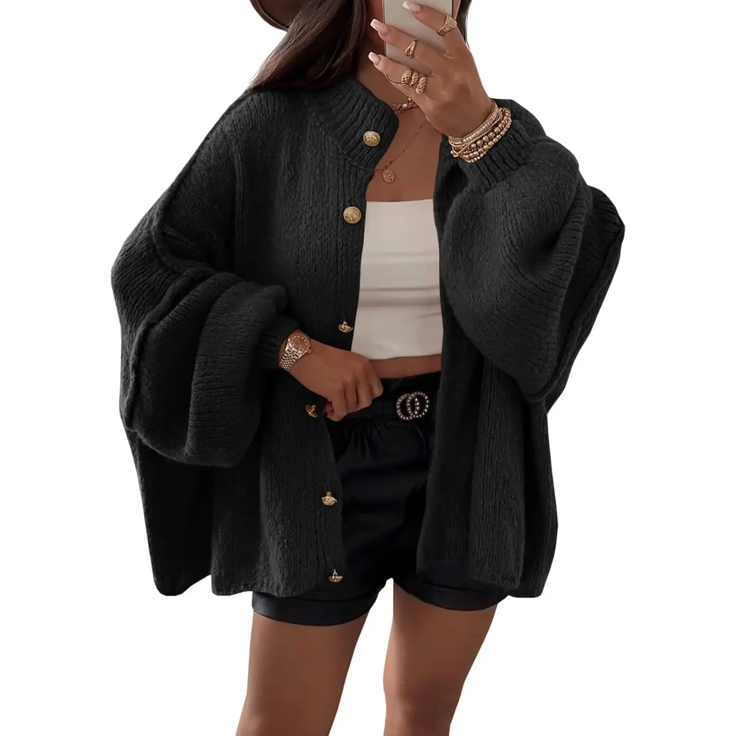 Saodimallsu Women's Oversized Mock Neck Chunky Knit Cardigan - Button Front Polyester Basics, Long Lantern Sleeves, Fuzzy Soft Knitwear, Cute BF Style Top for Thanksgiving (Size M), Sweaters For Women