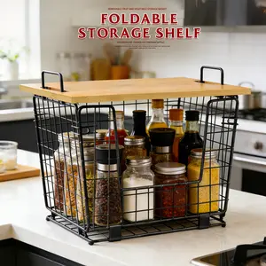 Foldable Wire Storage Basket with Bamboo Cutting Board Lid, Multi-Use Organizer for Outdoor Camping, RV Kitchen, Pantry & Countertop Storage outdoorfun