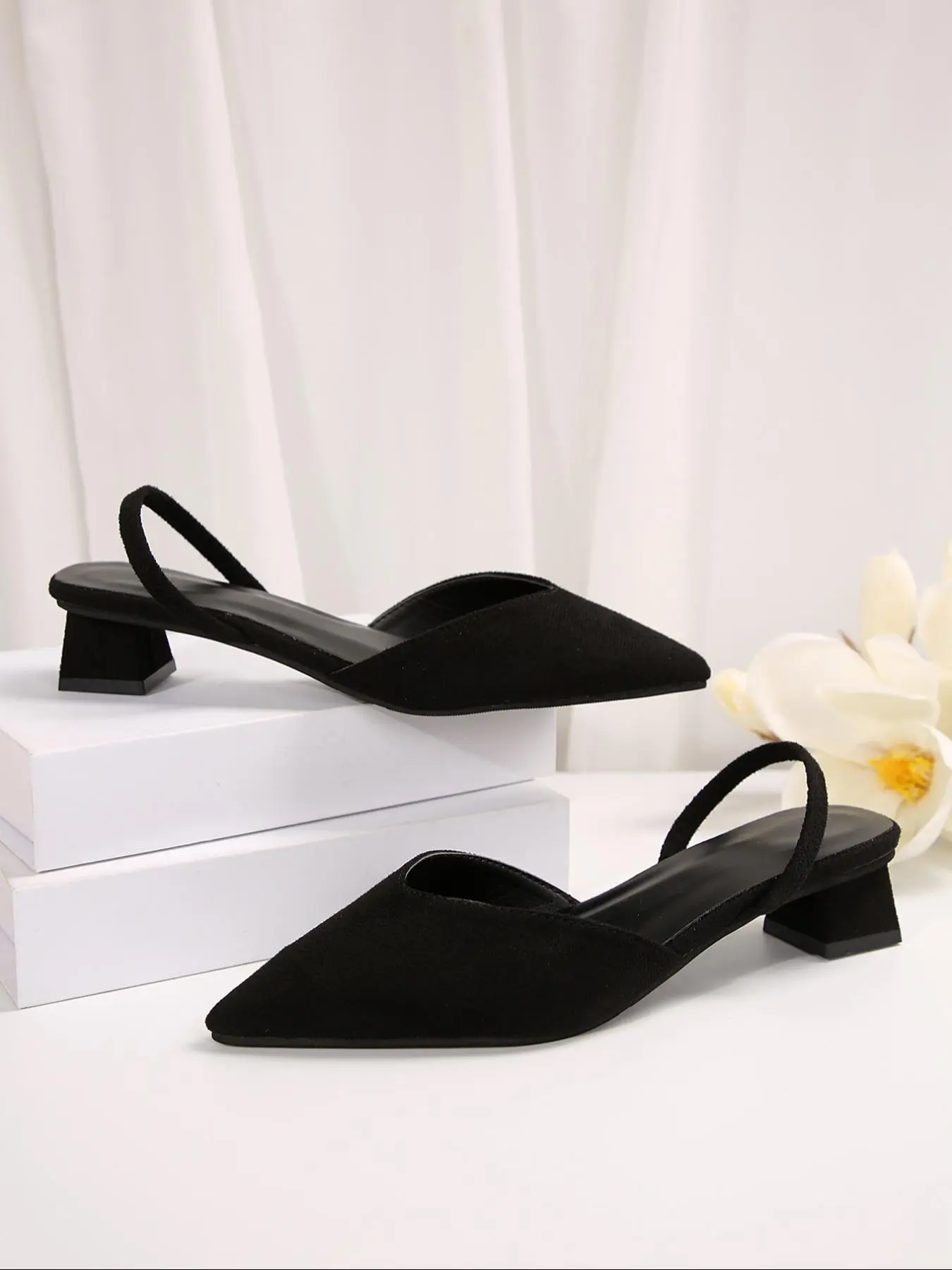Women's Solid Color Pointed Toe Chunky Block Heel Slingback Heels, Fashionable Minimalist Heeled Shoes for Daily Wear, Lightweight Breathable Comfortable Shoes for Women & Girls