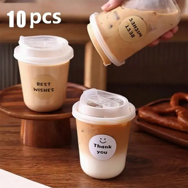 10pcs 16oz Insulated Bpa Free Bulk Plastic Cups Set with Leak-Proof Lid & Cute Tag, Disposable Drinkware, Disposable Drinking Cups for Milk Tea Coffee Juice, Ideal for Takeaway and Home Use