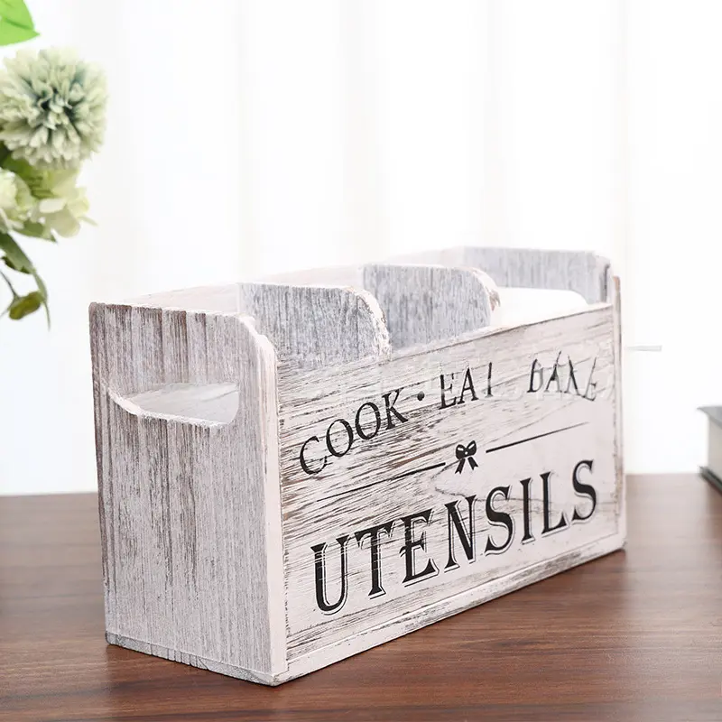 3-Compartment Rustic Farmhouse Decor Retro Wooden Kitchen Utensil Holder - Compact Rectangle Single-Piece Storage Organizer with "Cook Eat Bake" Text Print, Tableware Container for Kitchen Use & Gift Ornaments
