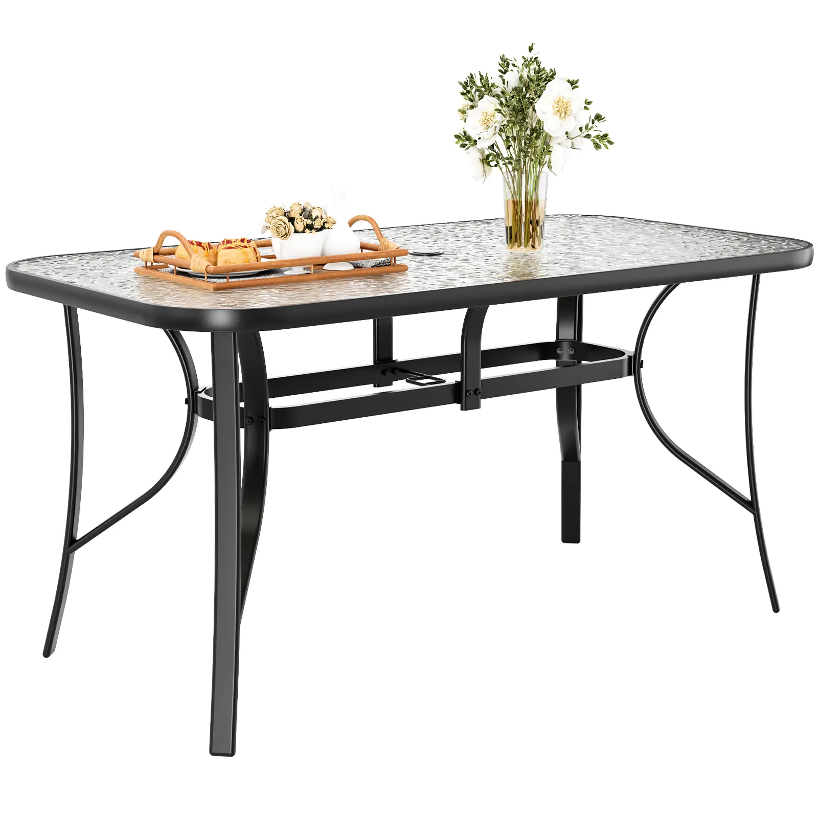 Arlopu Patio Outdoor Table W/ 1.69″  Umbrella Hole, 30"X 55" Rectangular Tempered Glass Patio Dining Table For 6,  Outdoor Metal Furniture, All-Weather Use, for Patio, Graden, Backyard, Poolside summerwins
