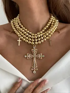 Vintage Exaggerated Diamond Cross Pendant Necklace, Multi-Layer Ccb Beaded Chain, Elegant Gothic Style Jewelry for Women, Jewelry Accessories