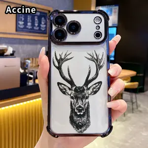 Compatible with iPhone 17 16 Pro Max 15 Plus 14 13 12 11 E Air Phone Case Stag's Majestic Gaze Pattern Transparent Full Coverage Four Corners Anti-drop Casing