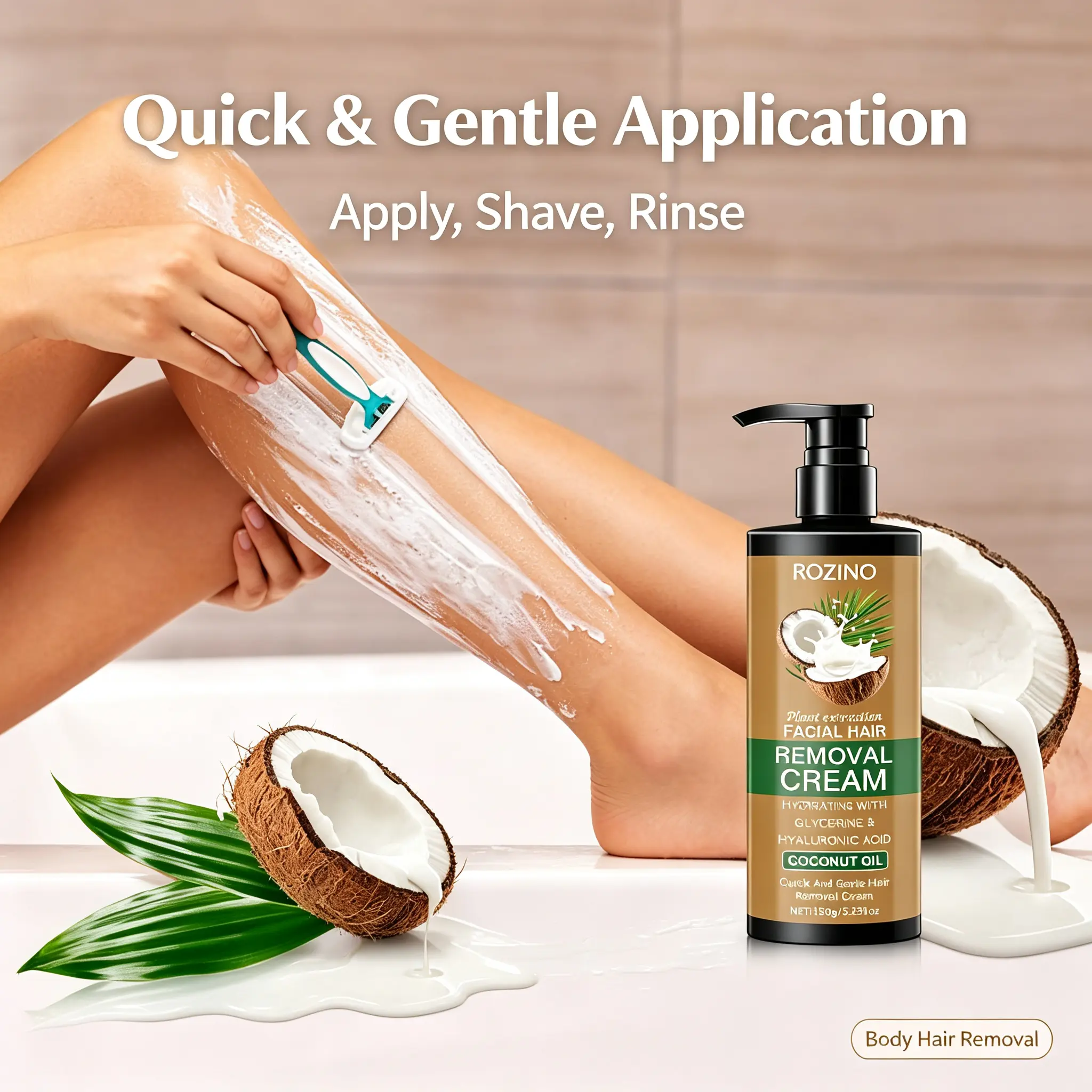 Gentle Facial & Full Body Hair Removal Cream for Sensitive Skin - No Irritation, Hydrating, Smooth Finish, Coconut Oil Infused Body Care Product with Glossy Water Ripple Press On Nails for Women & Men