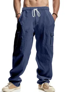 Men's Linen Cargo Pants Drawstring Multi-Pocket Straight Leg Breathable Outdoor Beach Casual Long Pants, 2026 Cross-Border Fashion, Classic