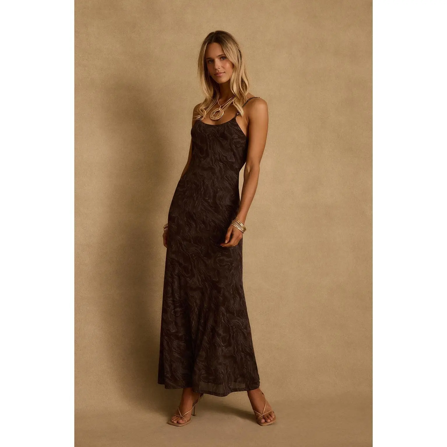 Amora Mocha Floral Mesh Maxi Dress