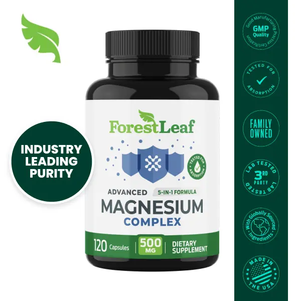 Forest Leaf 500mg Advanced Magnesium Complex - 5 in 1 Formula for Bones, Muscles, Nerves, Sleep, Energy - 500 mg Magnesium Supplement with Taurate, Malate, Bisglycinate (Glycinate) Chelate