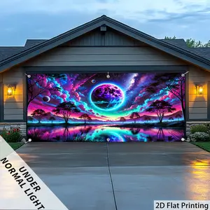 2d Plane 1 Piece Neon Starry Lake-Glow Garage Door Banner at UV Lamp, Large Size Fluorescent Fabric Wall Decoration, Suitable for Party Decoration, Photography Studio, Outdoor Activities, Outdoor Decoration, No Power Supply, polyester Fiber (Fluorescent a