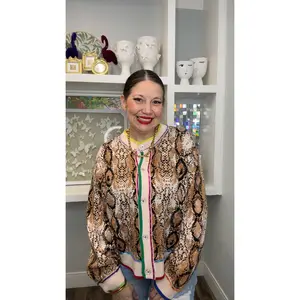 QOS Snake Print Rainbow Trim Button Up Sweater