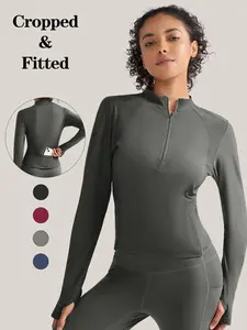 Women's Half-Zip Long Sleeve T-Shirt, Stand Collar Quick-Dry Breathable Elastic Slim Fit Yoga Top, Fitness Sport Top, Gym Yoga Tops, Fitness Gym Wear, Athletic Workout Clothing, Fitted Design Activewear