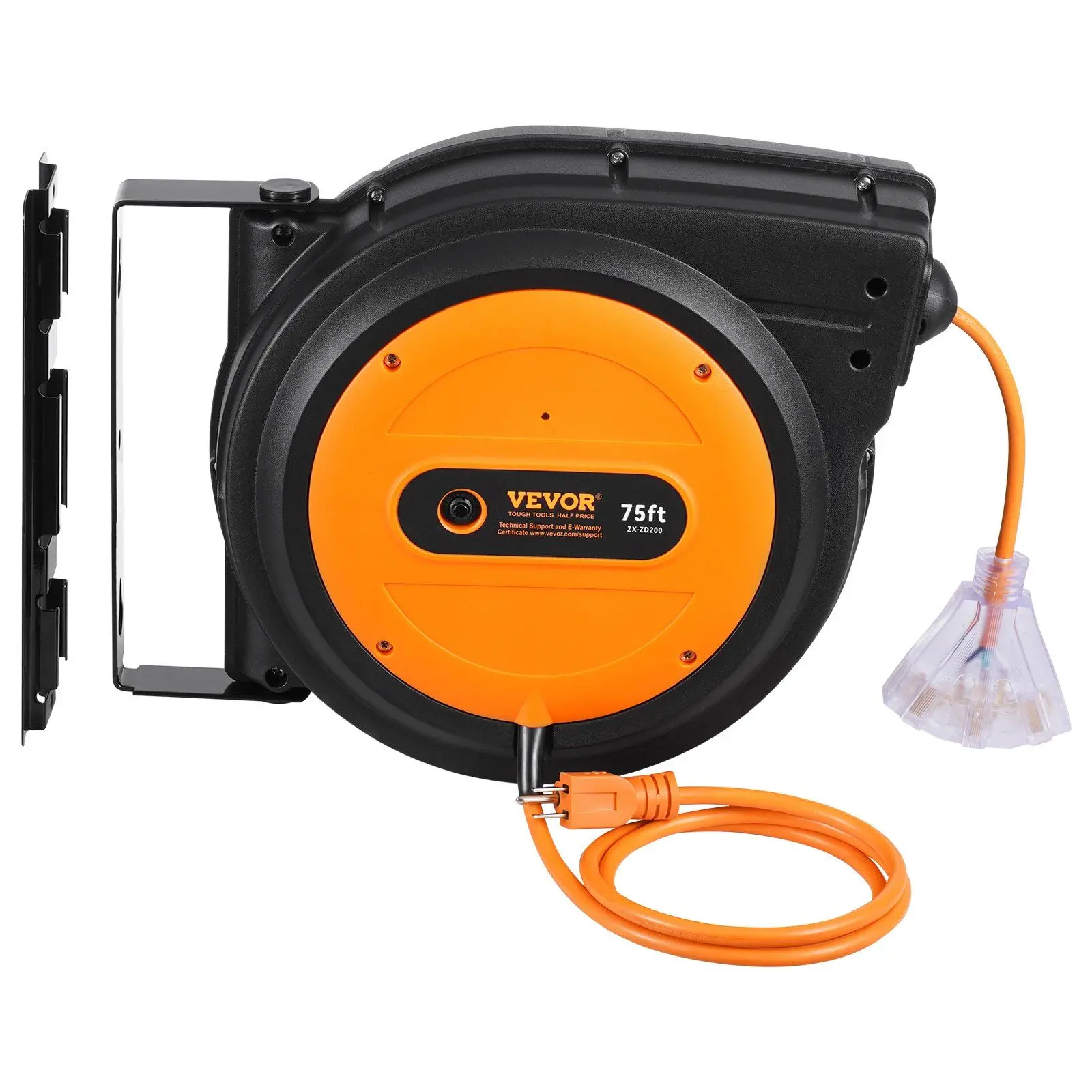 VEVOR Corded Automatic Retractable Power Reel, 75FT 14AWG/3C SJTOW, 4.5 ft Lead-In Cord, Mounting Bracket for Garage Use, Retractable Extension Cord