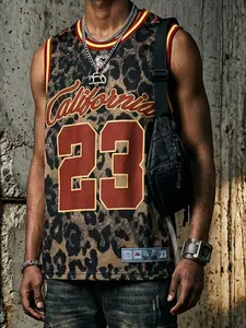 Millennial Style California Leopard Print Basketball Jersey, Retro Sports Vest, Unisex Loose Fit, Summer Streetwear, 2000s Fashion