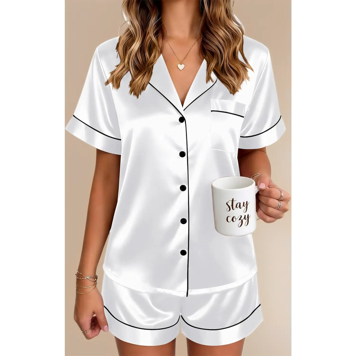 Lady's Basic 2-Piece Satin Pyjamas Set - Silk-Feel Shortsleeve Button-Up, Loose-Fitting Plus Size Loungewear Sleepwear for S-XXL, Two-Pieces