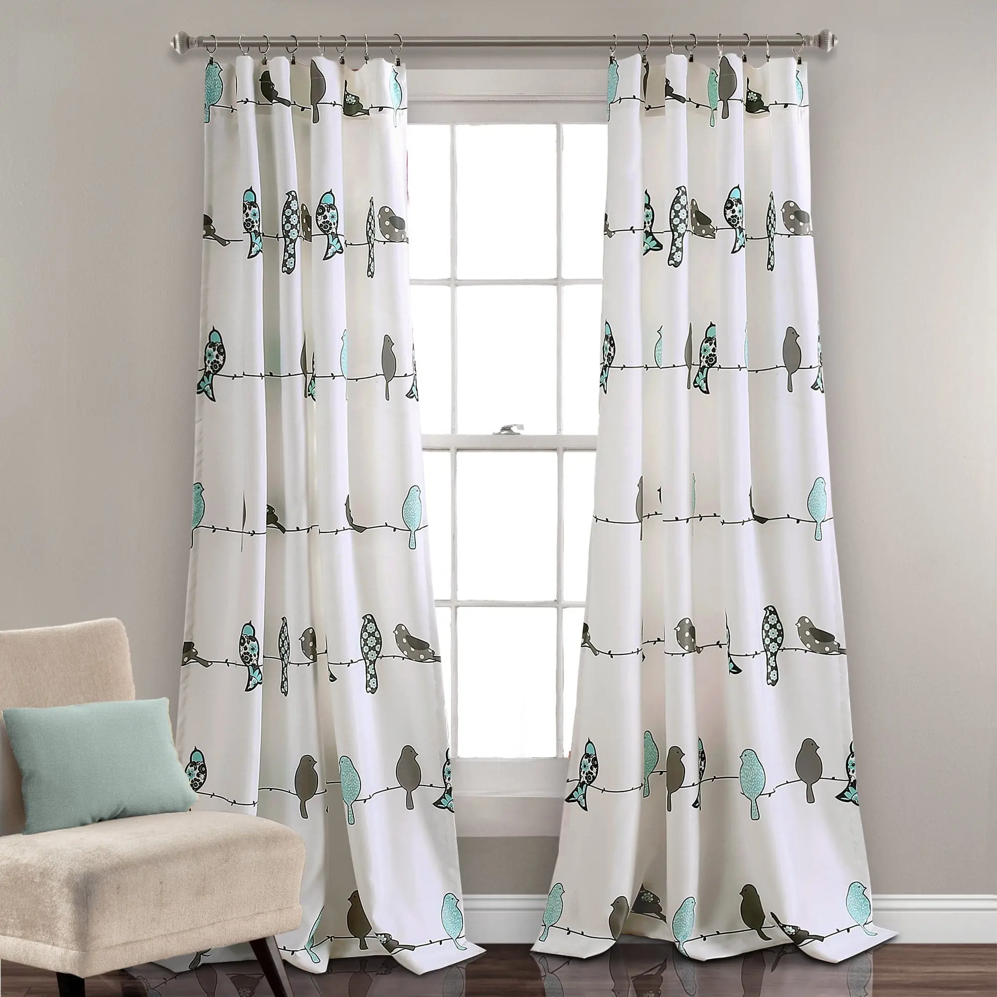 Lush Decor Rowley Birds Art Style Darkening Window Drapes Set - 2 Panels, 3" Rod Pockets, 52"W x 63"L/84"L/95"L/108"L, Light Filtering, Machine Washable, Colorful Birds Design, Ideal for Kitchen, Art Style Curtains