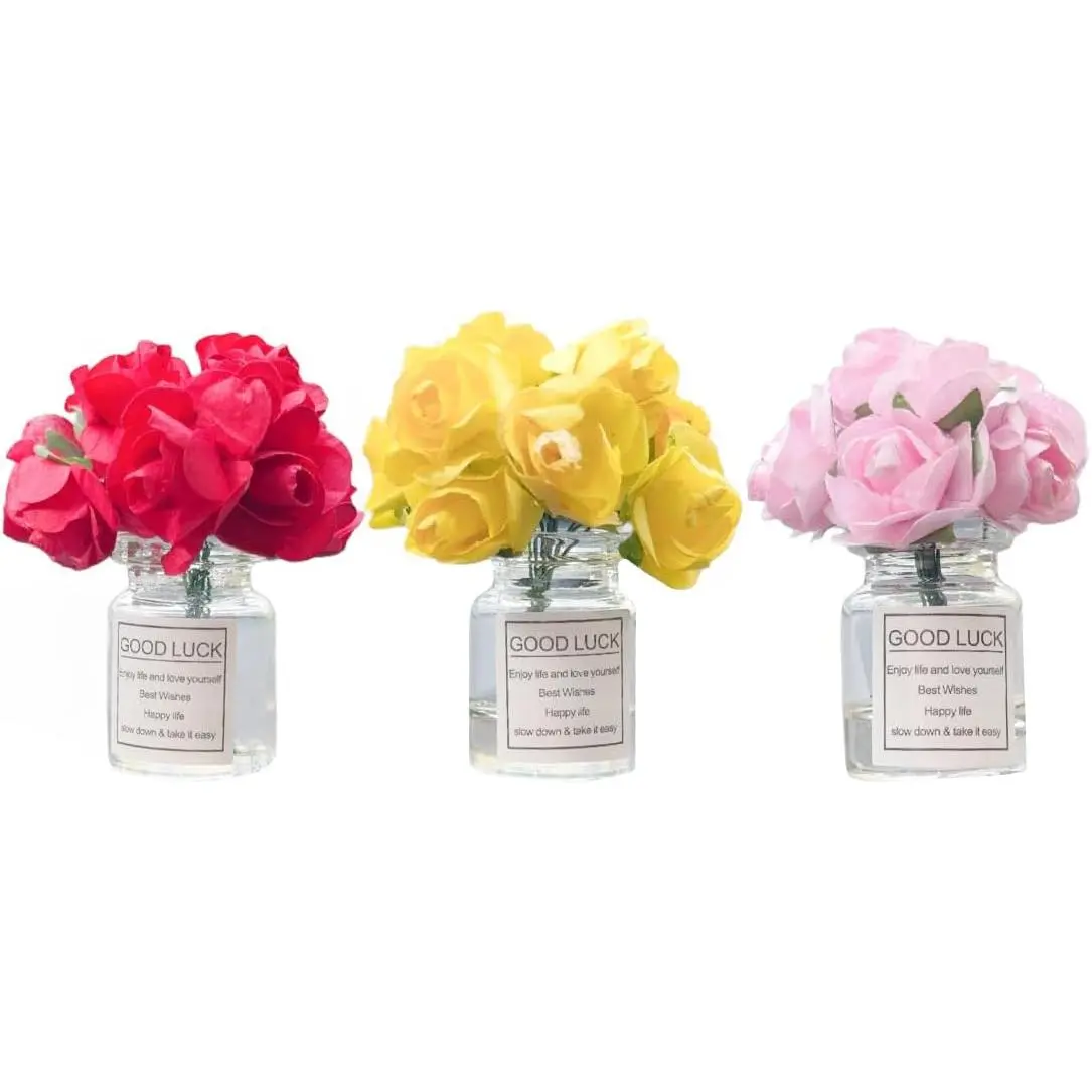 3PCS Rose Flower Car Accessories, Cute Funny Glass Vase Dashboard Decorations, Mini Floral Rear View Mirror Ornaments, Bouquet Car Interior Aesthetic for Women Present (Rose)