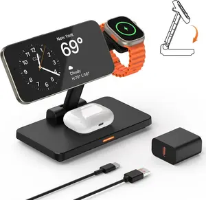 【Christmas Gift】3-in-1 Foldable Charger Stand for MagSafe: JoyGeek Wireless Charging Station for Apple Smartphone iPhone 15/14/13/12 Pro Max Plus Mini, Electronic Folding Magnetic Dock with Usb Plug for Cellphone Black