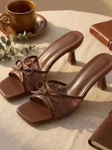 Women's Lace Bow Kitten Heel Mules Coquette Square Toe Slip-On Heeled Sandals Vintage Elegant Summer Backless Dress Shoes for Party Daily