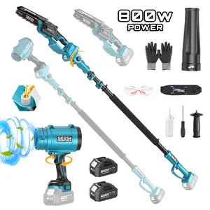 SEESII 4-in-1 Turbo Jet Blower & 8 Inch Cordless Pole Saw, Telescopic Extension Pole Equipped with 8 Inch Chainsaw & Air Blower, Ideal for Garden Trimming, Gutter Cleaning, Vehicle Post-wash Drying, Home Renovation and Outdoor Yard Maintenance CHB80