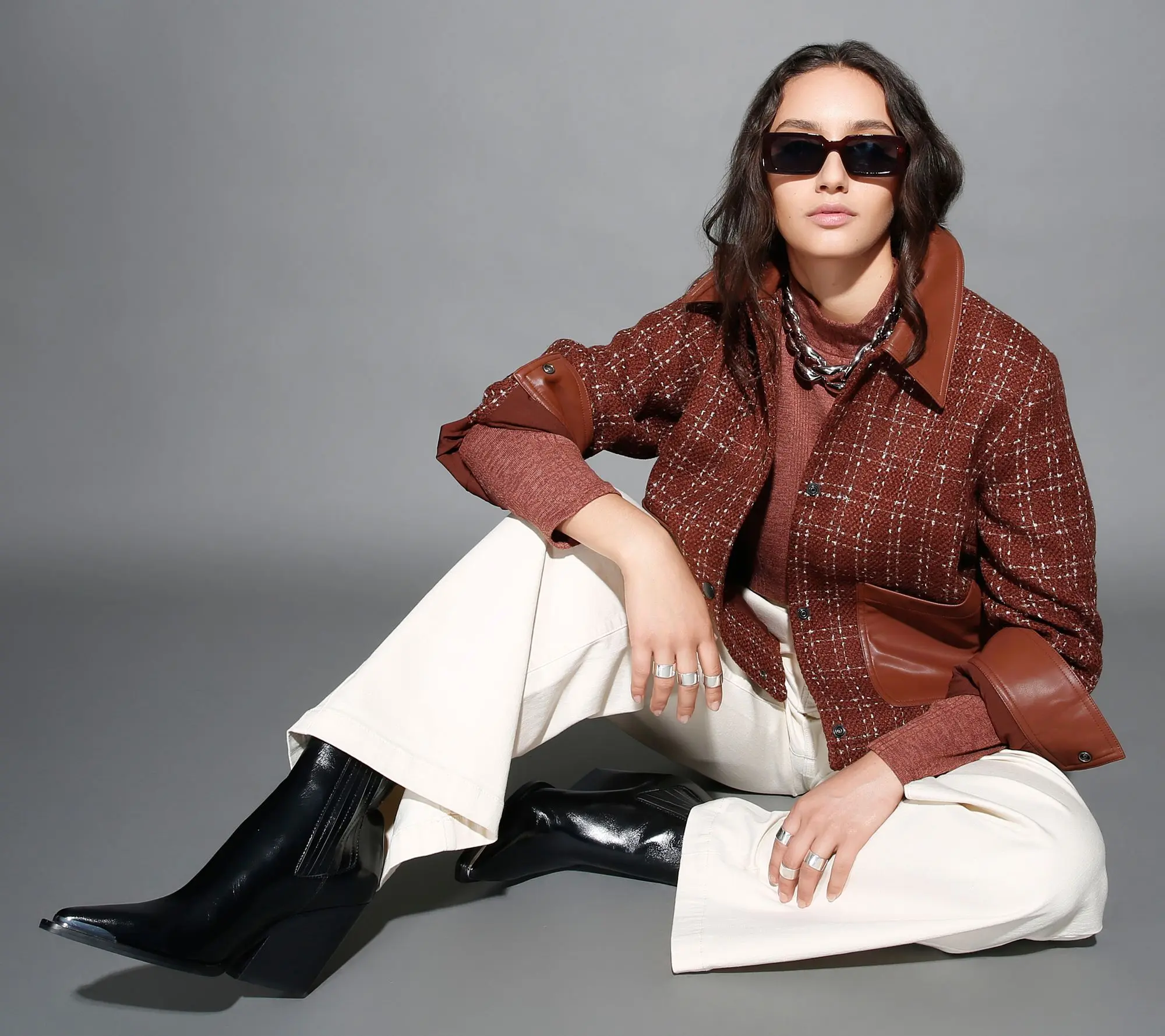 RM Studio x Rebecca Minkoff Plaid Tweed Jacket with Faux Leather