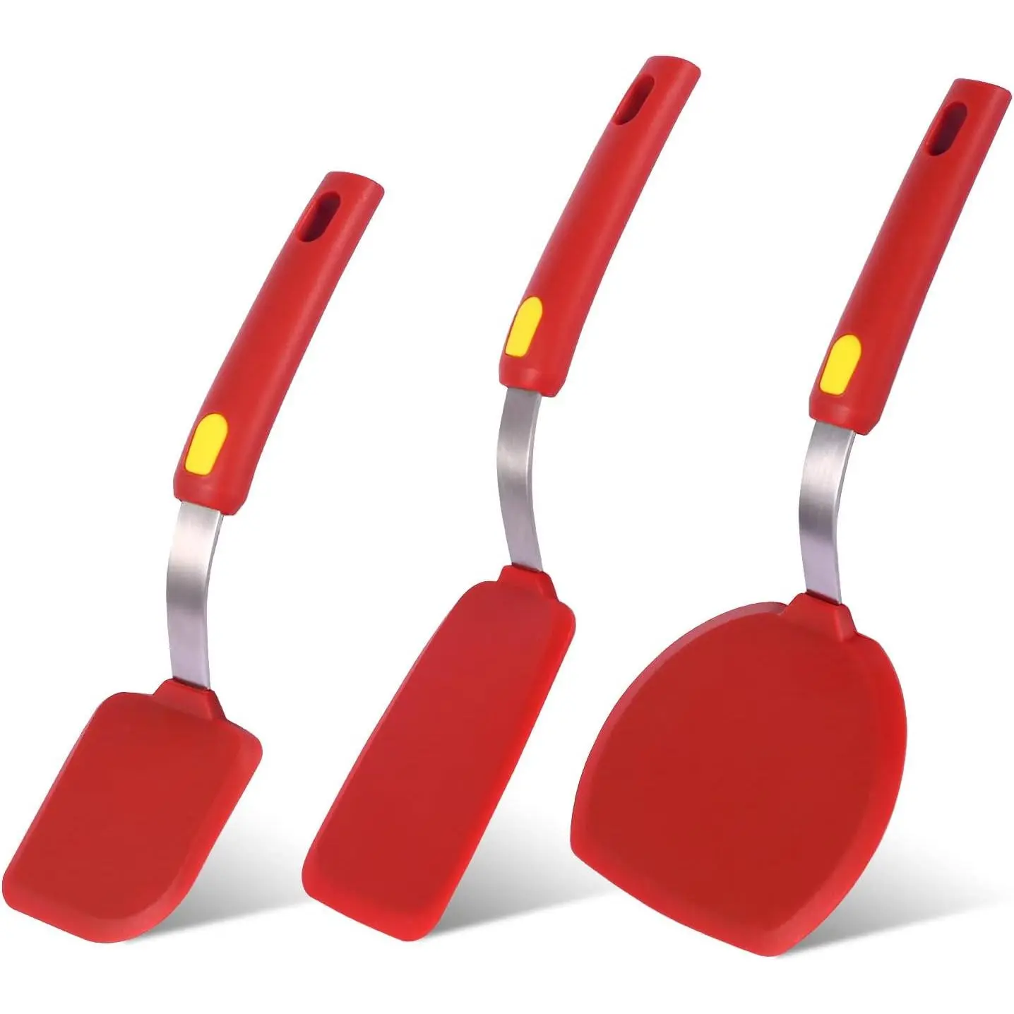 Kitchen Spatulas Silicone Turner Heat Resistant Melt Proof Spatula Set for Nonstick Cookware,Flexible Non Scratch Thin Spatula Wide,Angled and Flipper 3-pack for Frying Eggs,Pancake,Burger,Fish.Red