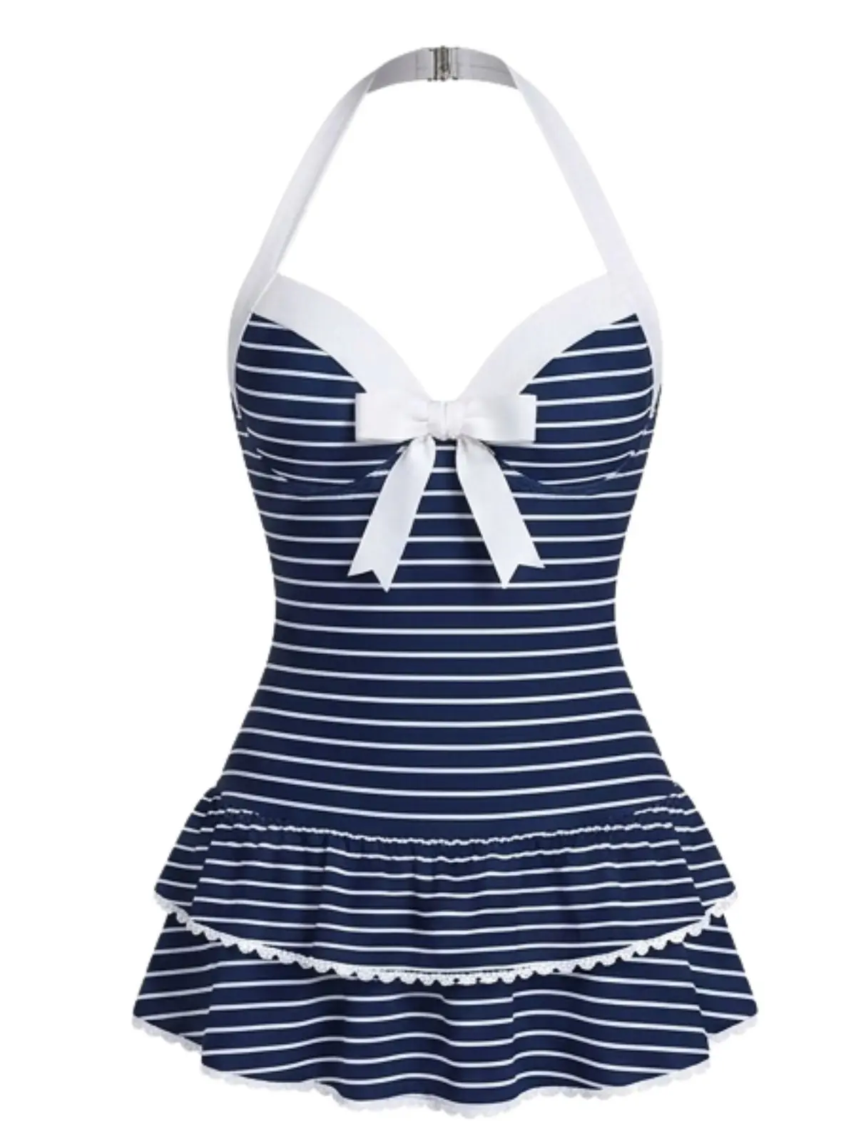 RETRO STAGE Blue Stripe 1940s Vintage Pink Gingham Halter 1-Piece Swimsuit, Polka Dots, Dainty Bow, Ruffled Hem, Backless, Comfortable Fit, Bathing Suit, One Piece Swimsuit,summervibes