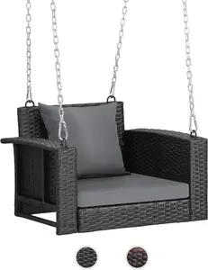 VINGLI 2.2 FT 1-Person Use Rattan Porch Swing Outdoor Support 440 LBS with Cushions & Adjustable Chains, Patio Wicker Swing Bench Chair for Garden, Yard, Lawn, Tree, Black