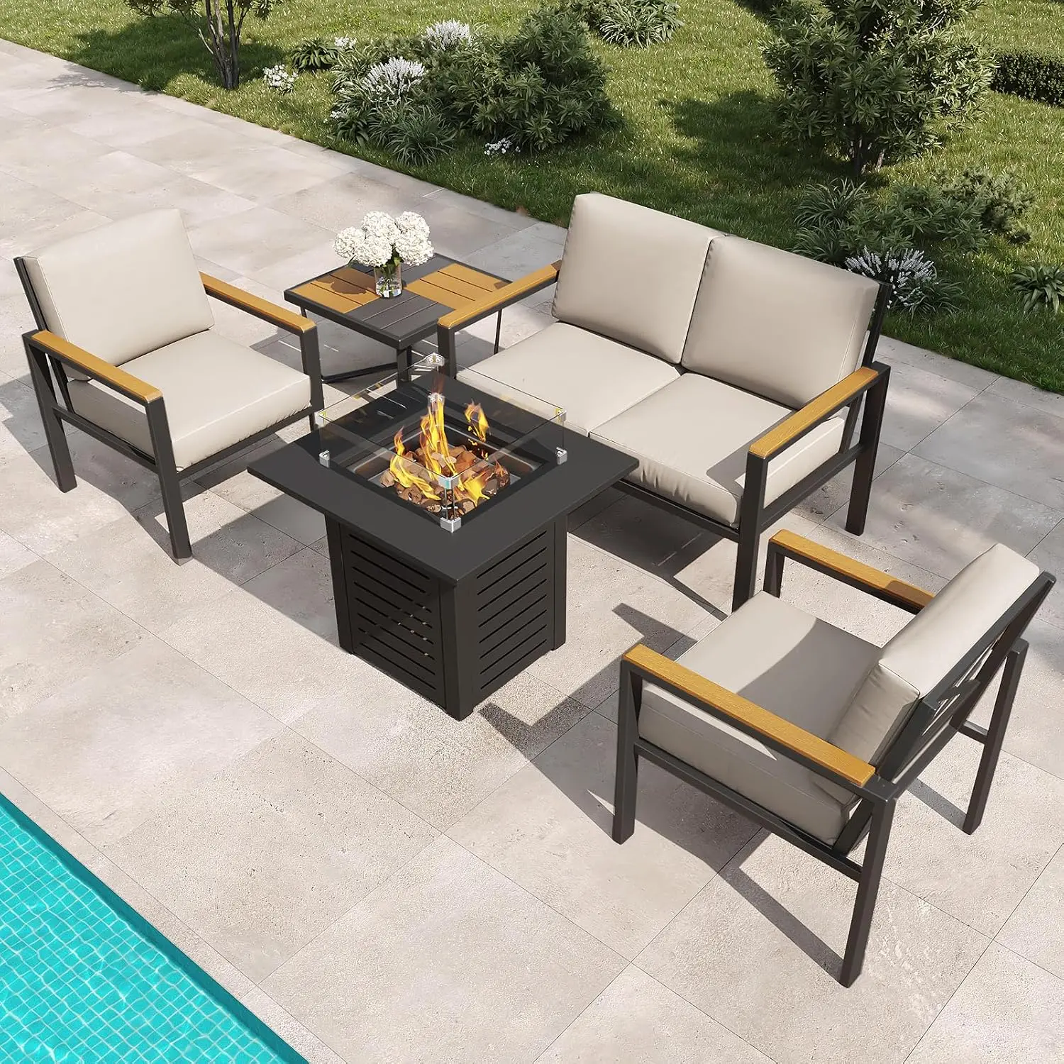 5-Piece Patio Furniture Set with 28” Propane Fire Pit Table, Heavy-Duty Metal Outdoor Conversation Set with Deep Cushions & Wood-Like Armrests for Patio, Porch, Backyard, Garden – Brown