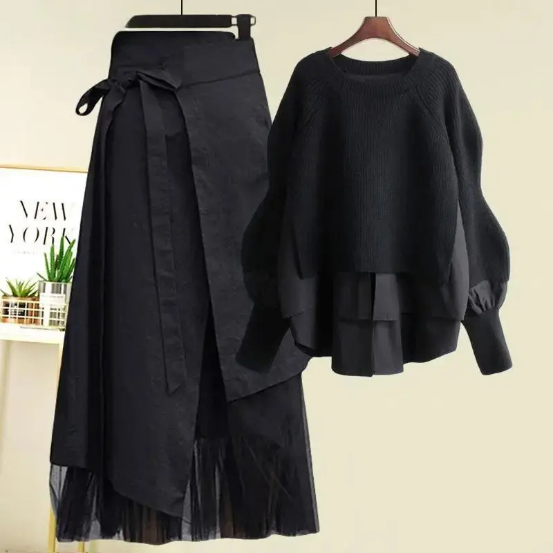 WOMEN'S Spring Autumn new fashion fake two piece knit sweater + buckle A-line skirt suit Korean elegant pullover dress matching set tops for women