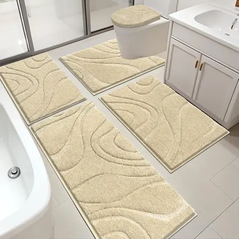 [FamilyFun] HEBE 5-Piece Washable Bathroom Rugs Combo Set - 19'' x 21'' Soft Fade Resistant Microfiber Water Absorbent Mat, Classic Toilet Lid Cover, Non-Slip Rectangle Bath Runner, U-Shaped Contour Toilet Rug for Guest Bathrooms