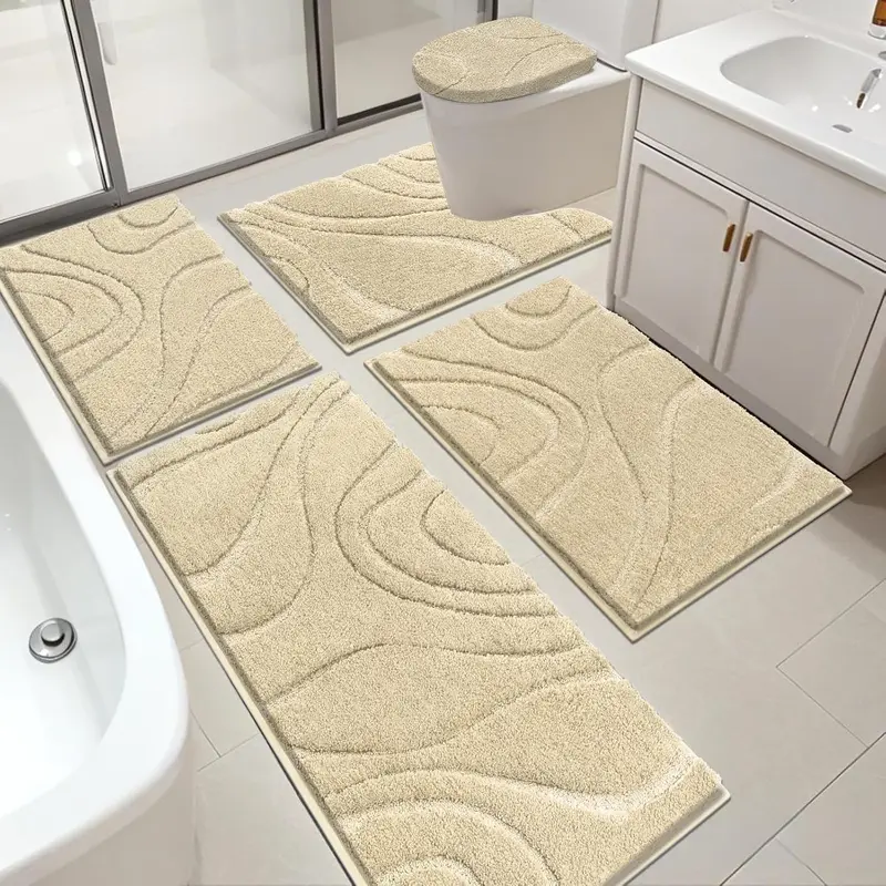 [FamilyFun] HEBE 5-Piece Washable Bathroom Rugs Combo Set - 19'' x 21'' Soft Fade Resistant Microfiber Water Absorbent Mat, Classic Toilet Lid Cover, Non-Slip Rectangle Bath Runner, U-Shaped Contour Toilet Rug for Guest Bathrooms