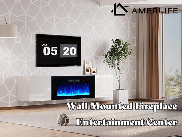 [Ships in 2 Boxes] AMERLIFE Floating TV Stand with Electric Fireplace, High Gloss Finish Wall Mounted Fireplace Entertainment Center with Storage/Best Gift Ideas/Christmas Gifts